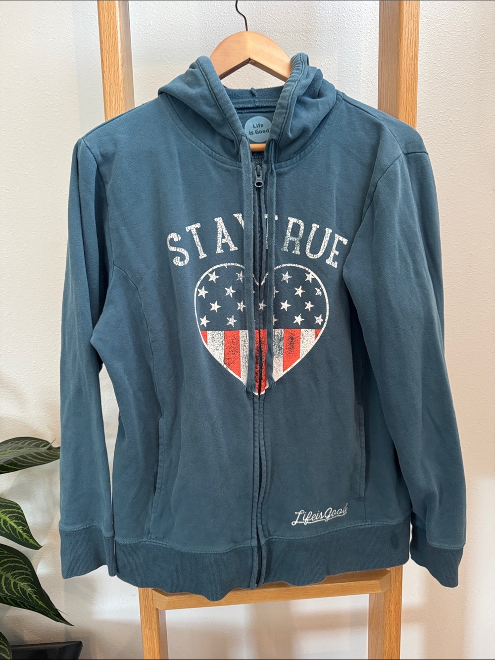 Life Is Good Teal Blue 'Stay True' Heart Flag Zip Hoodie Cotton/Poly Jacket
